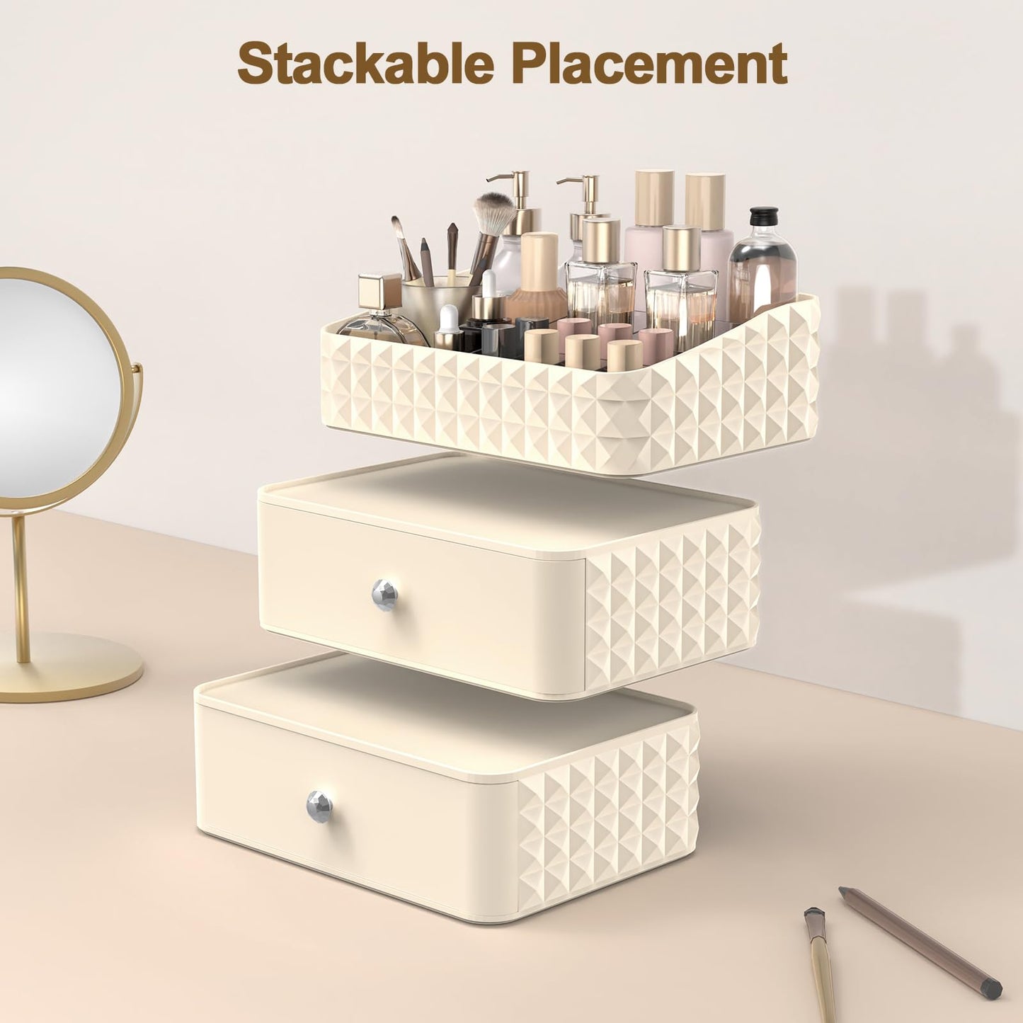 Rosoenvi Makeup Organizer for Vanity, Stackable Cosmetics Organizer and Storage, Cosmetic Display Cases with 2 Drawers and 1 Tray for Makeup Brush, Hair Accessories, Lipstick and Jewelry, Clear