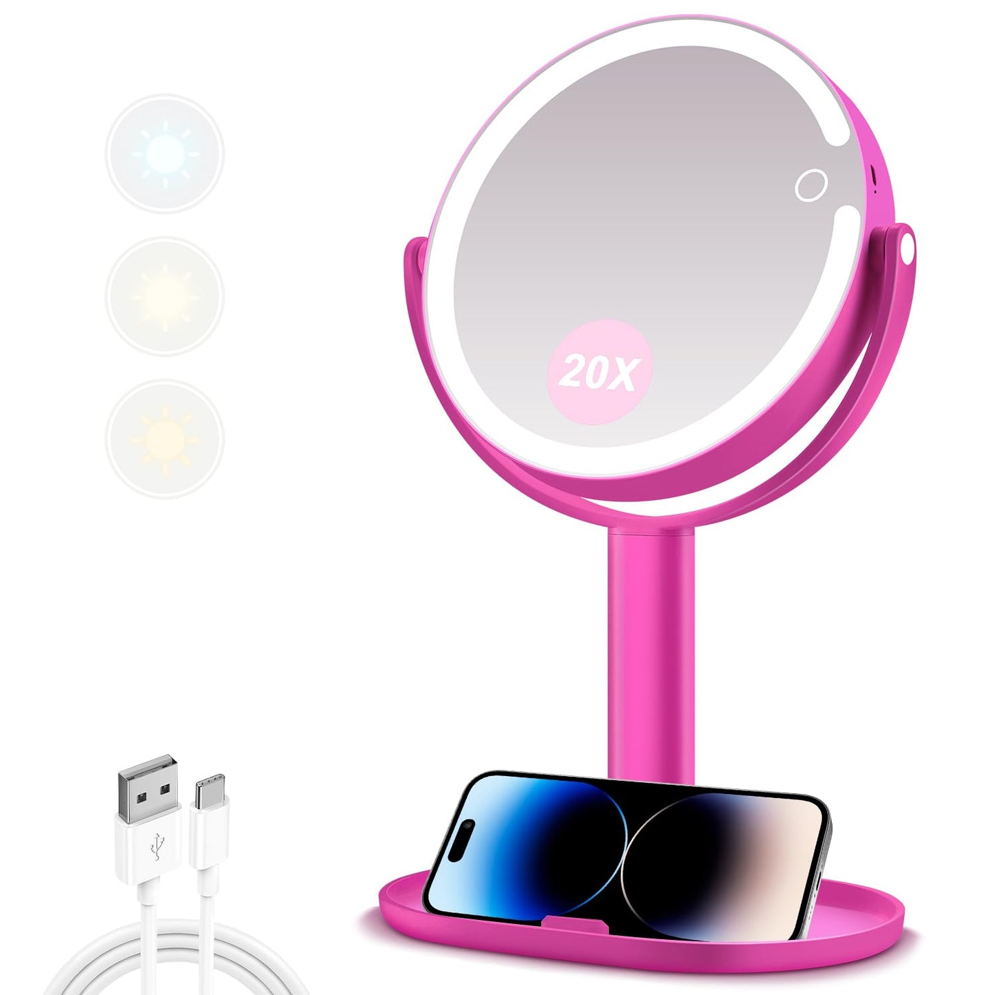 MIYADIVA Makeup Mirror with Lights, 20X Magnifying Mirror with Light and Touch Switch, 2-Sided Vanity Mirror with 3 Color and 80 LEDs, Hot Pink
