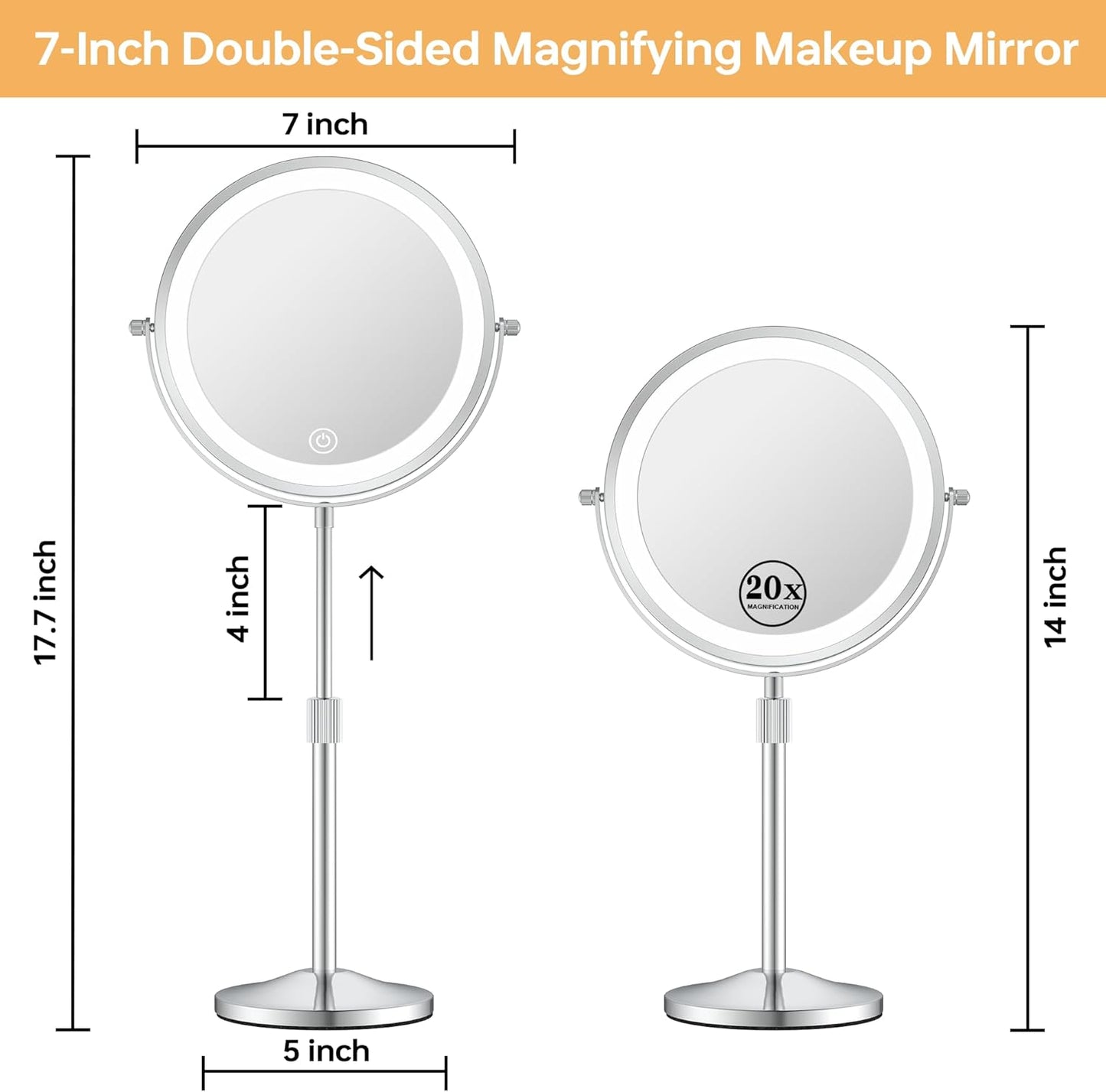 Lighted Makeup Mirror - Height-Adjustable 1X/20X Magnification | 360° Swivel, Dimmable 3 Color Options, Perfect Gift for Women