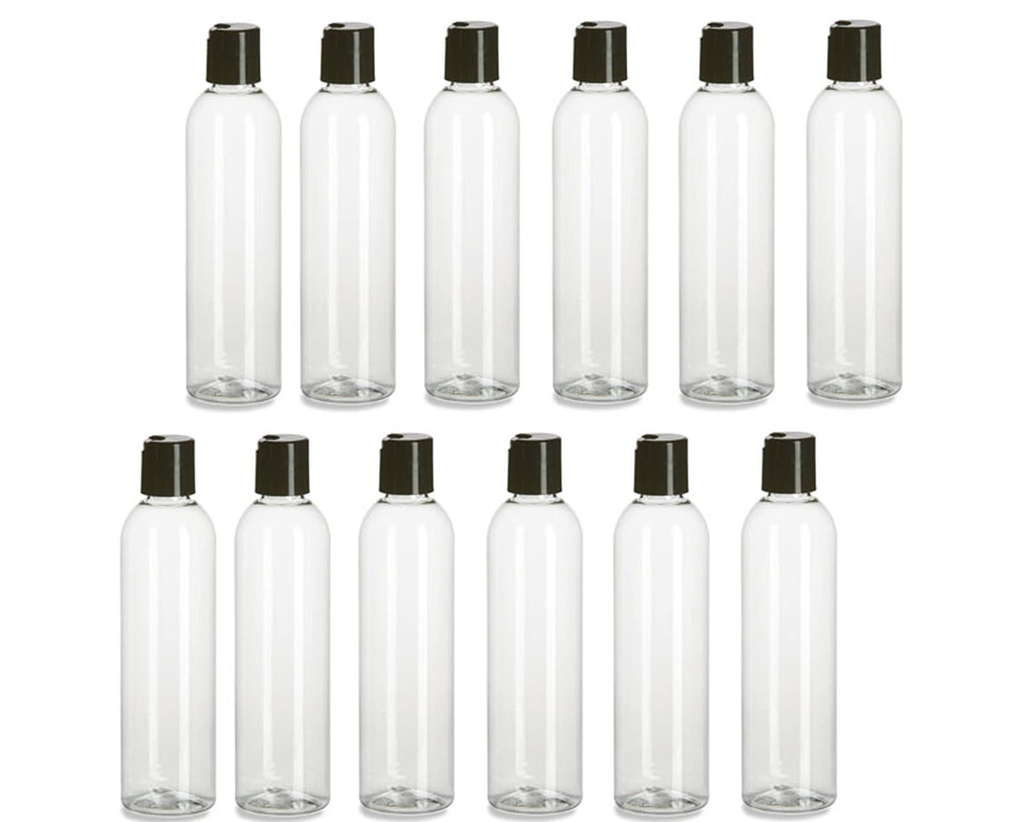 Natural Farms 12 Pack – 8 oz -Clear Cosmo Plastic Bottles – Black Disc Top - for Essential Oils, Perfumes