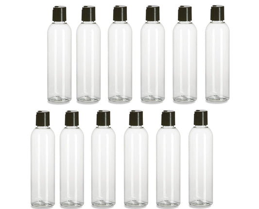 Natural Farms 12 Pack – 8 oz -Clear Cosmo Plastic Bottles – Black Disc Top - for Essential Oils, Perfumes