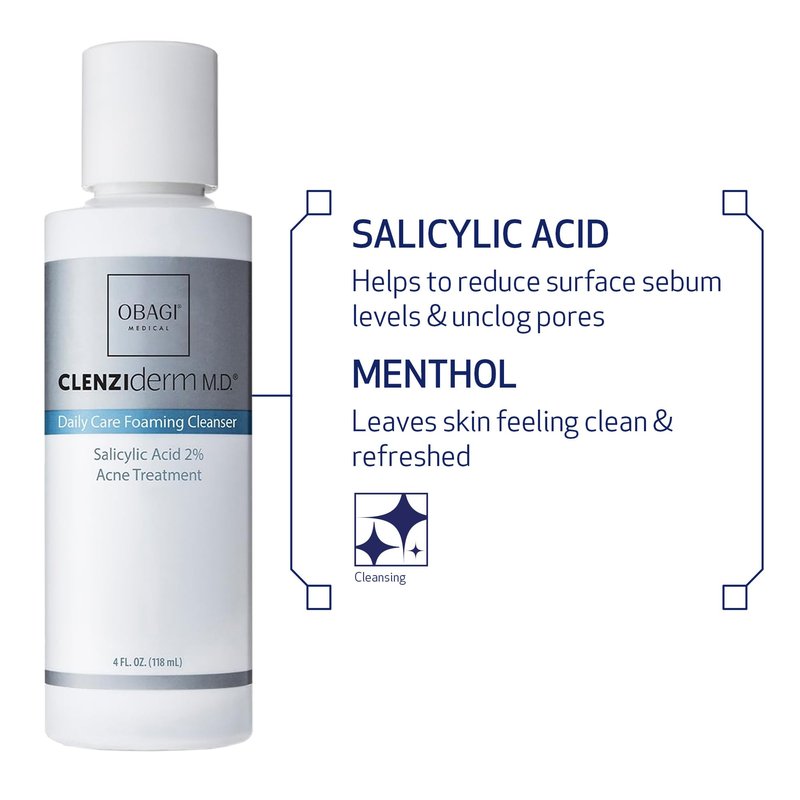 Obagi CLENZIderm M.D. Daily Care Foaming Acne Cleanser – Acne Face Wash & Treatment w/ 2% Salicylic Acid (BHA) Unclogs Pores for Clearer-Looking Skin – Safe for Normal & Oily Skin – 4 oz