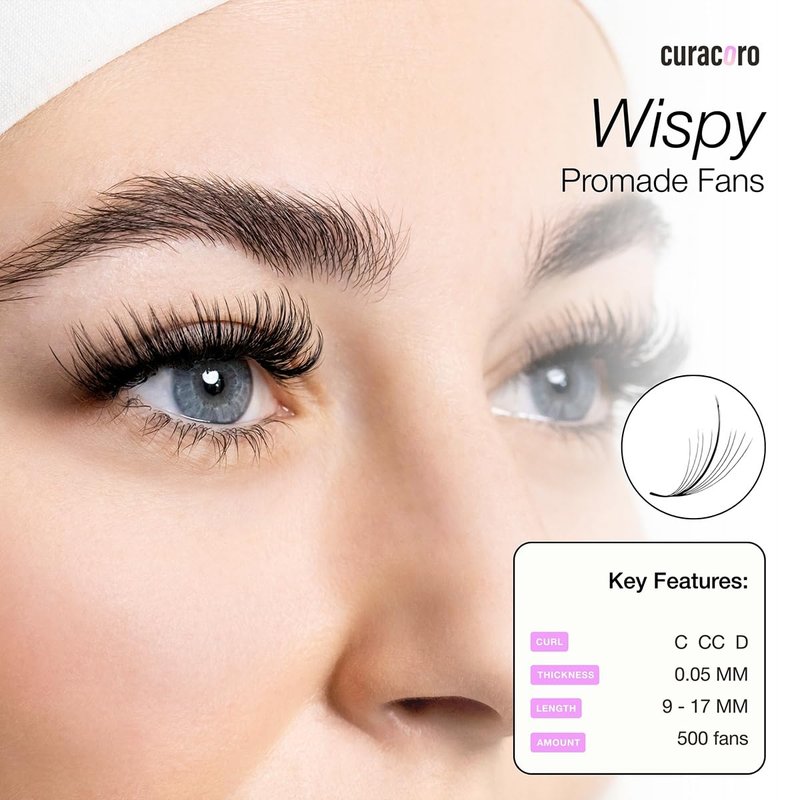 Curacoro Promade Wispy 500 Fans - 9D 0.05 Lash Extensions, C Curl 16mm Length Handmade Volume Eyelashes, Long-Lasting Professional Lash Fans