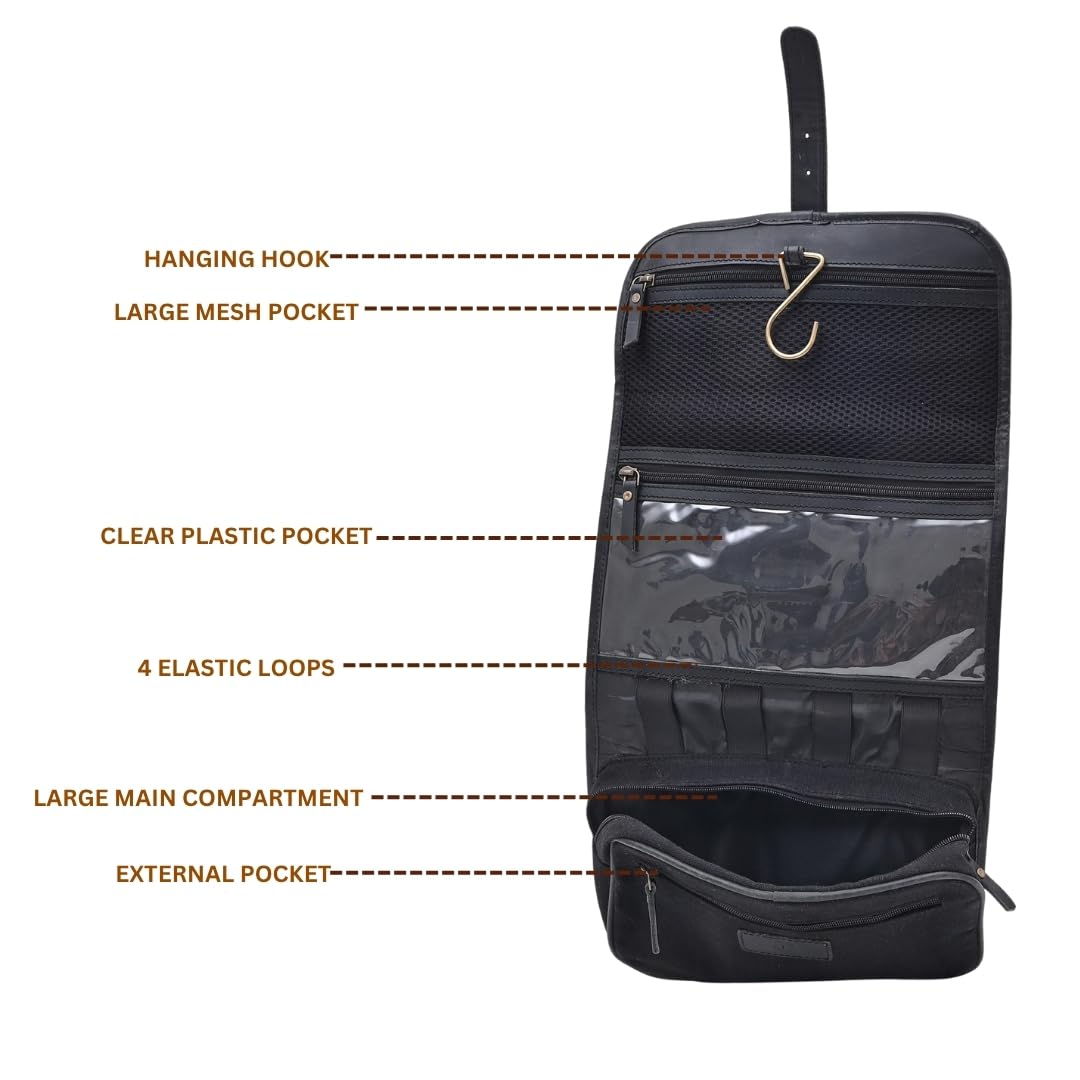 Autentico Leather Genuine Buffalo Leather Hanging Toiletry Bag with Waterproof Lining for Men & Women Handcrafted Vintage Distressed Brownn Leather Dopp Kit, Travelling Kit (Dark Brown)