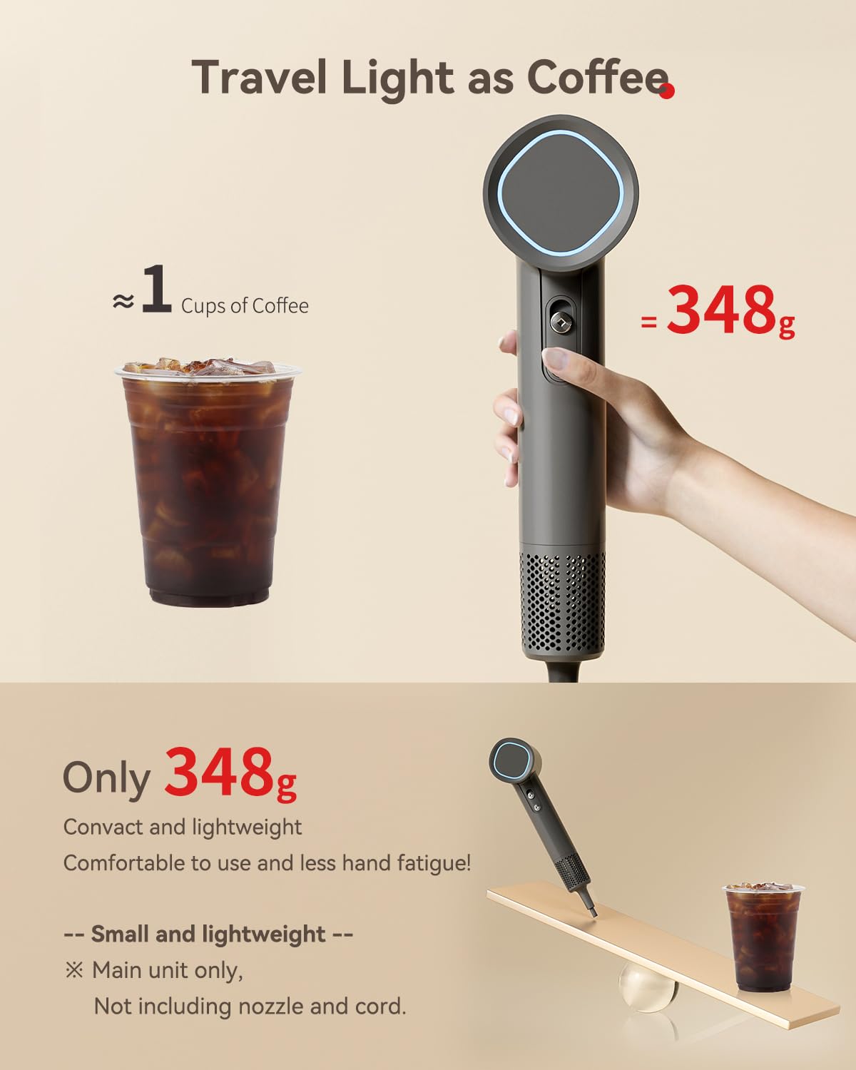 Hair Dryer, 160000 RPM High-Speed Brushless Motor with 500 Million Negative Ions, Professional Ionic Blow Dryer with Magnetic Diffuser & Nozzle,Lightweight for Home Travel Salon(Gray)