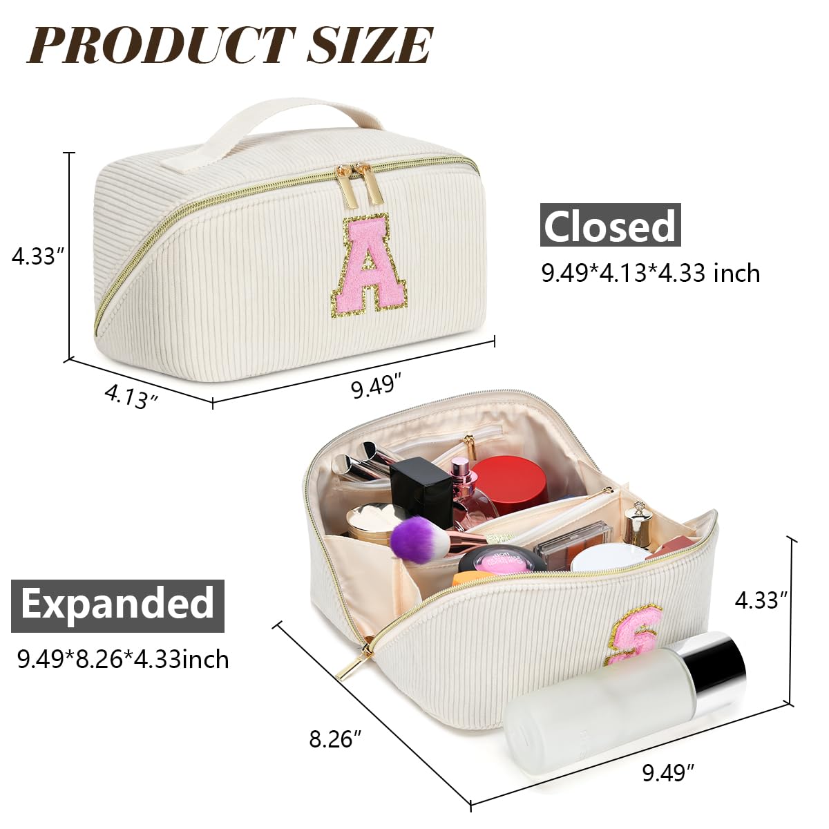 DTBG Personalized Initial Makeup Bag, Valentine's Day Gifts for Girls,Preppy Bag Cosmetic Travel Bag Women,Travel Toiletry Organizer,Large Capacity Corduroy Stuff Bag,Cute Cosmetic Pouch Skincare Bag