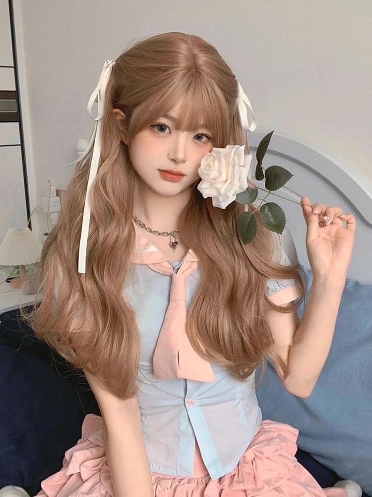 huafan luxkazya Milk Tea Brown Long Wig with Bangs Long Wavy Wig for Women Realistic Wigs Synthetic Wigs for Women Daily Use