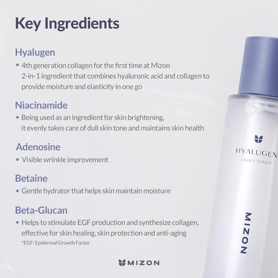 MIZON Hyalugen Water Toner for Deep Hydration and Better Skin Texture with Marine Collagen and Hyaluronic Acid Total Care Korean Skincare(4.39 oz)