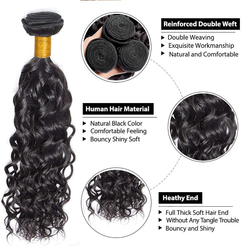 Human Hair Bundles Water Wave Bundles 18 18 18 Inch Unprocessed Brazilian Virgin Hair Weave 3 Bundles Water Wave Human Hair Extensions #1B Natural Color Bundle 50 Grams Per Bundle