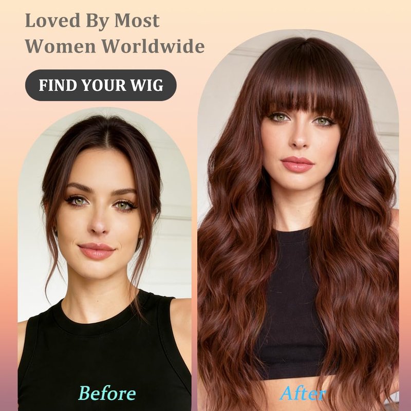 Auburn Wig with Bangs - 26-Inch Wavy Curly Reddish Brown Hair | Soft, Natural-Looking Daily Wear for Women