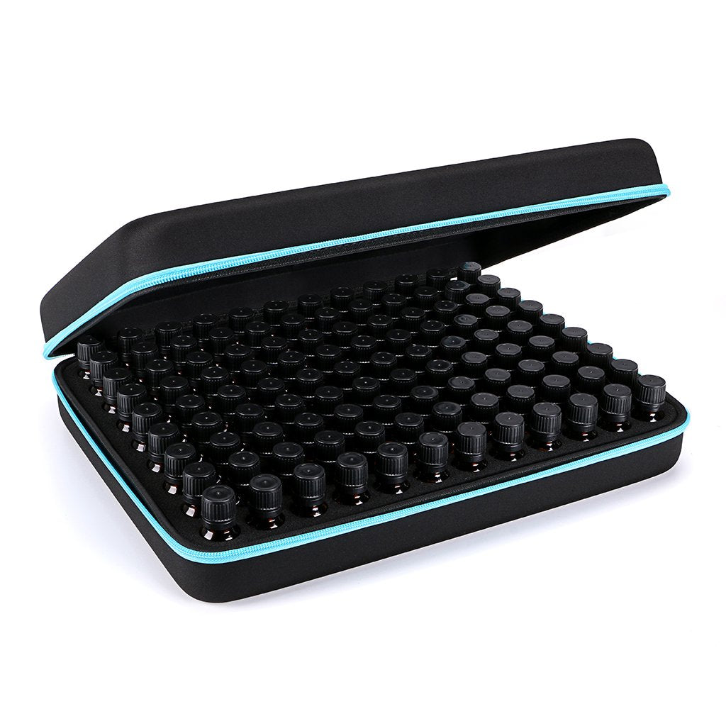 Hipiwe 108 Essential Oils Carrying Case Holds 5ml, 10ml, 15ml Bottles Hard Shell Exterior EVA Essential Oils Storage Organzier Bag with Foam Insert and Carrying Handle (Black+Blue 108)