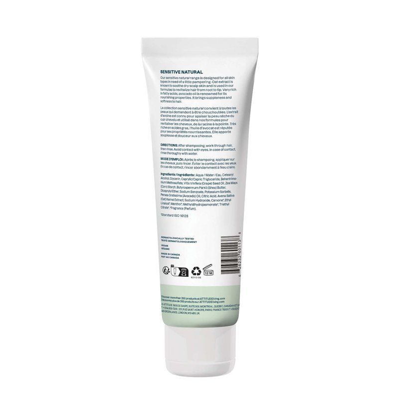 ATTITUDE Hair Conditioner for Sensitive Dry Scalp, Dry and Damaged Hair, Soothing Oat, Naturally Derived Ingredients, Dermatologically Tested, Vegan Detangler, Nourishing, 8 Fl Oz