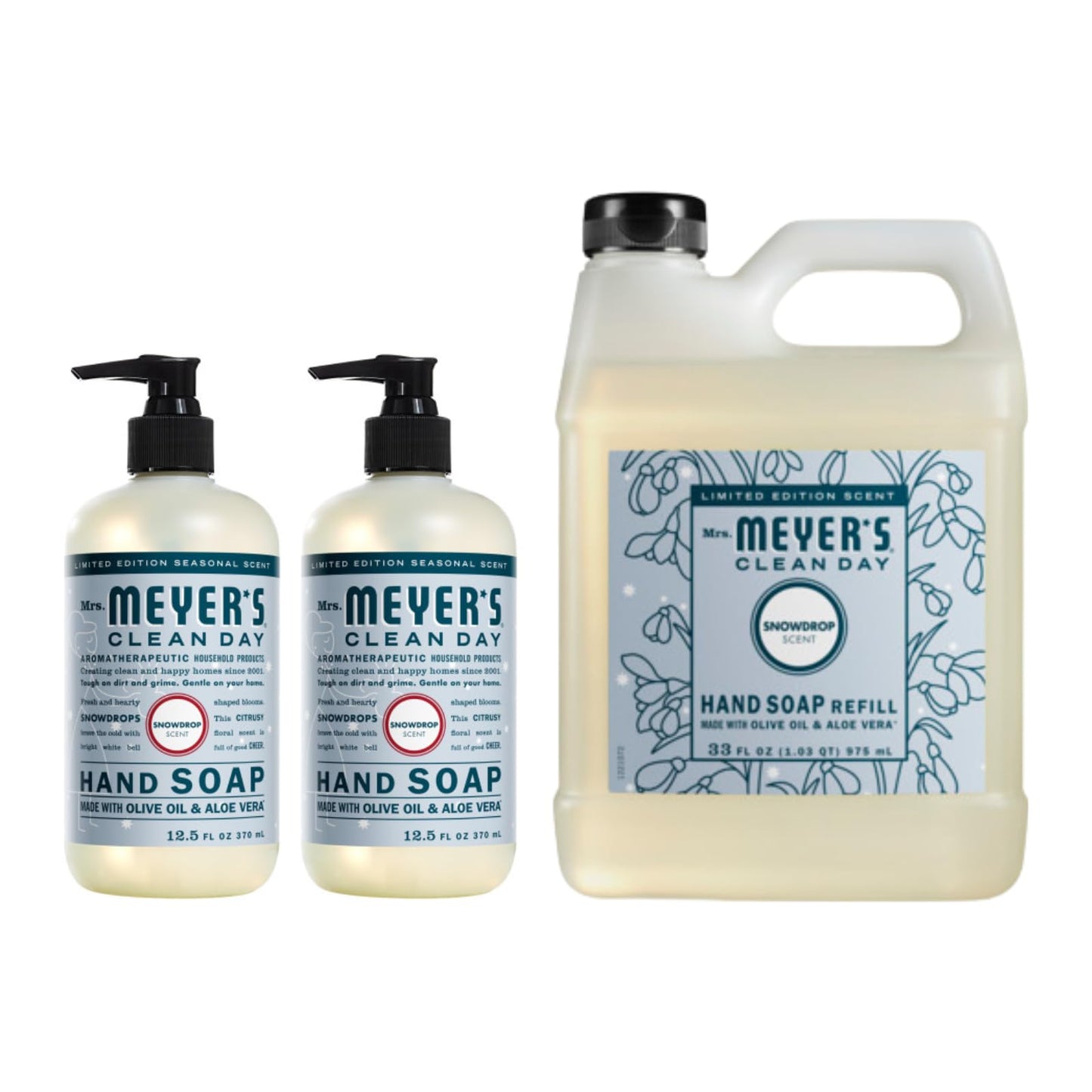 Mrs. MEYER'S CLEAN DAY Liquid Hand Soap Variety Pack Scent, 33 OZ Refill + 12.5 OZ, 1 CT (Snowdrop)