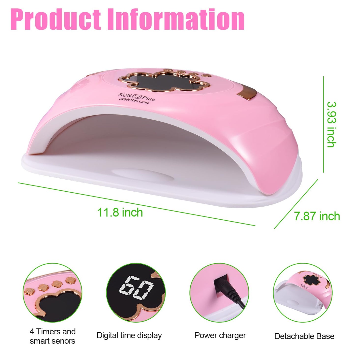 Riuotazi UV LED Nail Lamp for Two Hand, 248W Nail Dryer for Gel Polish, Large Space UV Light for Nails,45 Pcs Lamp Beads and Professional Manicure Phototherapy Lamp with Automatic Sensor(Pink)