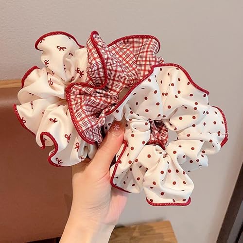 Scrunchies for Women Girls 3Pcs Red Polka Dot Bow Plaid Print Scrunchies for Long Thick Hair Soft Hair Bands Cute Sweet Ponytail Holders No Damage Elastic Hair Ties Christmas Hair Accessories