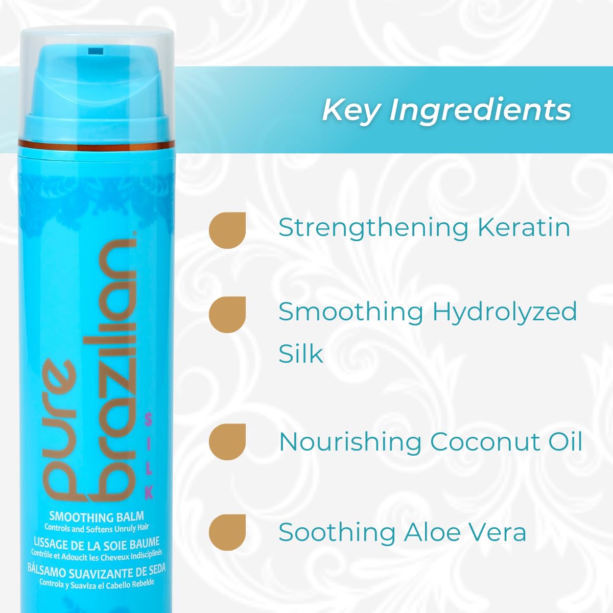 Pure Brazilian Silk Smoothing Balm with Keratin, Hydrolyzed Silk & Coconut Oil, Anti-Frizz, Nourishing & Strengthening Formula, Salon-Quality Treatment, 6.78 Oz