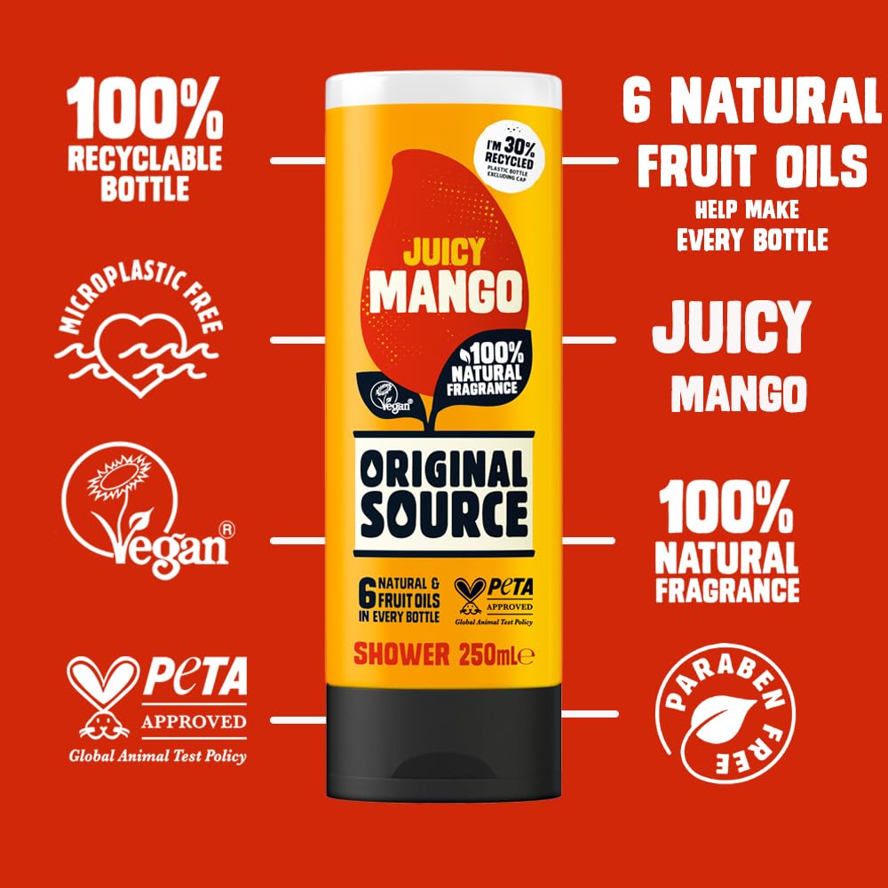 Original Source Mango Shower Gel, 100 Percent Natural Fragrance, Vegan, Cruelty Free, Paraben Free, Bulk Buy, Pack of 6 x 250 ml