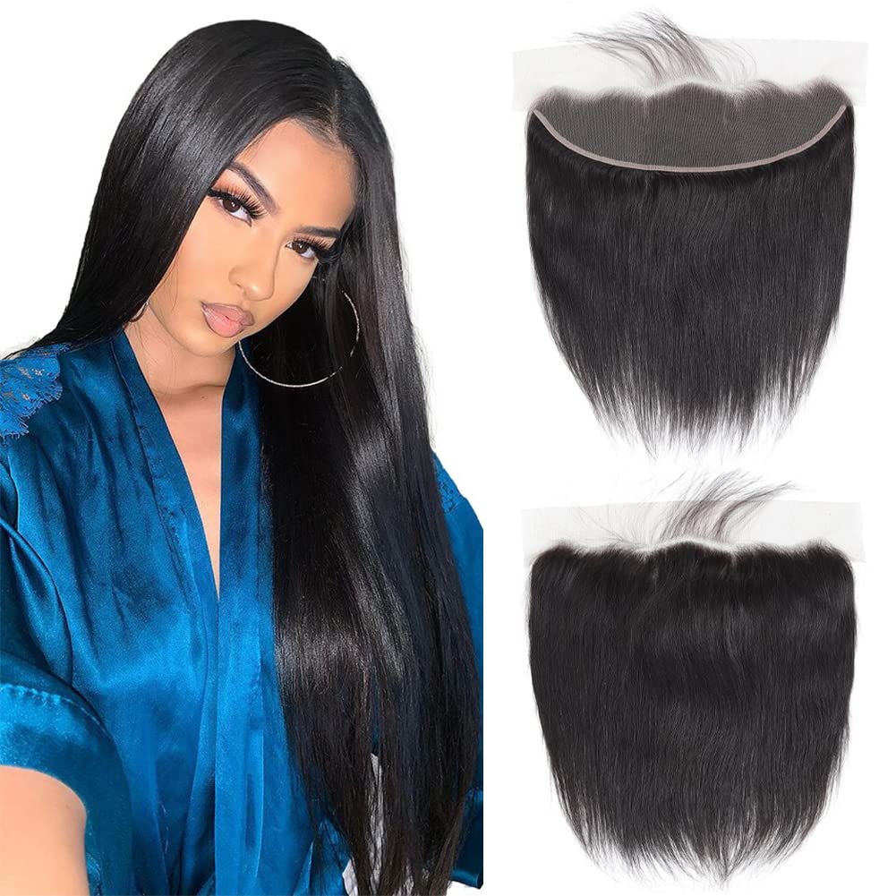 13x4 Ear to Ear Transparent HD Lace Frontal Closure 12A Unprocessed Brazilian Virgin Human Hair 16 Inch Silky Straight Full Lace Frontal Closure Pre-Plucked Natural Black Color