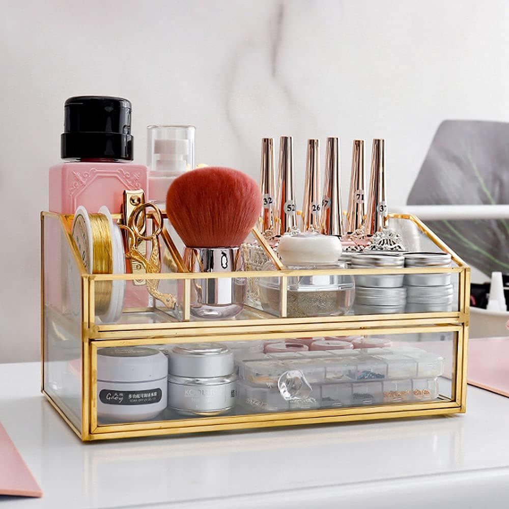 Clear Glass Makeup Brush Holder - L-Lei Cosmetics Storage for Brushes, Nail Polish & Lipstick | Dresser Decor