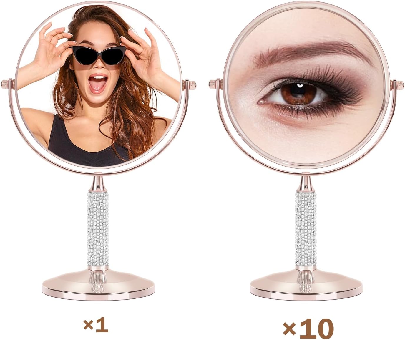 Rose Gold Glitter Makeup Mirror - 360° Rotating Double-Sided 1X/10X HD Vanity Mirror | Portable Gift for Women