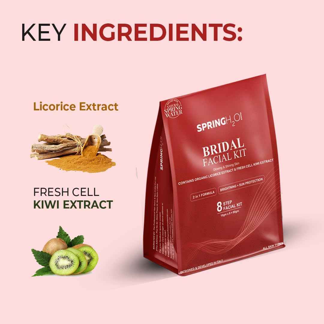 SPRING H2O Bridal Facial Kit 80 gm| 2 in 1 Formula Brightning+Sun Protection | Enriched with Organic Licorice Extract and Fresh Cell KIWI Extract| Simple 8 Step
