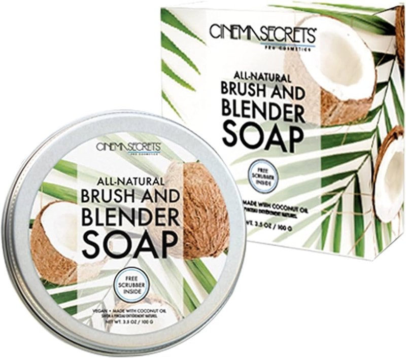 Cinema Secrets Vegan Makeup Brush Cleaner Soap - Brush & Make Up Sponge Cleaner with Scrubber - Formulated with Coconut Oil for Deep Cleansing & Conditioning - Vegan and Cruelty-Free Cleanser (3.5 oz)