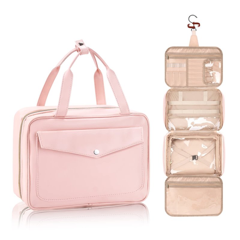 wskvoker Hanging Travel Toiletry Bag for Men, Large Makeup Bag for Women, Water-resistant PU Leather Dopp Kit Shaving Bag For Full Sized Toiletries,Cosmetics Travel Organizer for Accessories (pink)