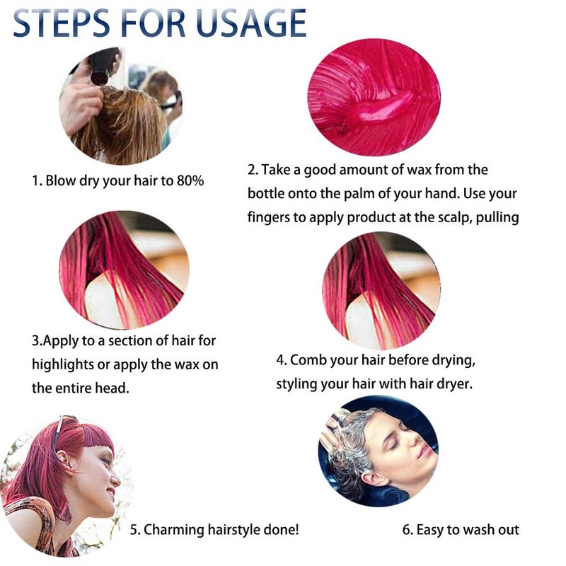 Temporary Hair Color Wax - 6 Vibrant Shades for Parties & Cosplay | Silver, Blue, Purple, Gold, Green, Pink, Red