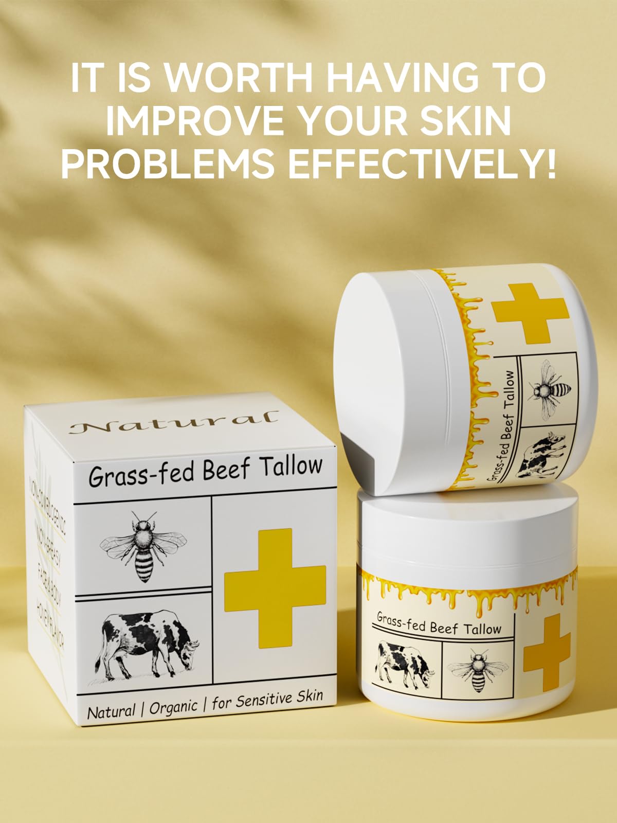 mkzea Beef Tallow for Skin, Beef Tallow, Tallow and Honey Cream, Grass Fed Beef Tallow, Whipped Beef Tallow for Face Moisturizer for All Purpose with Raw Honey Tallow Balm, 2 packs