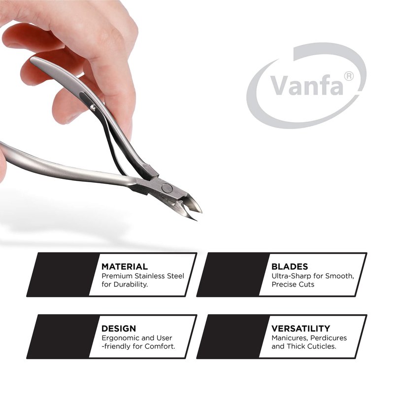 Vanfa Cuticle Nippers, Cuticle Trimmer, Professional Cuticle Cutter - Extremely Sharp - Stainless Steel - Square Head - Single Spring - VF05 Box Jaw #14 (Pack of 1)