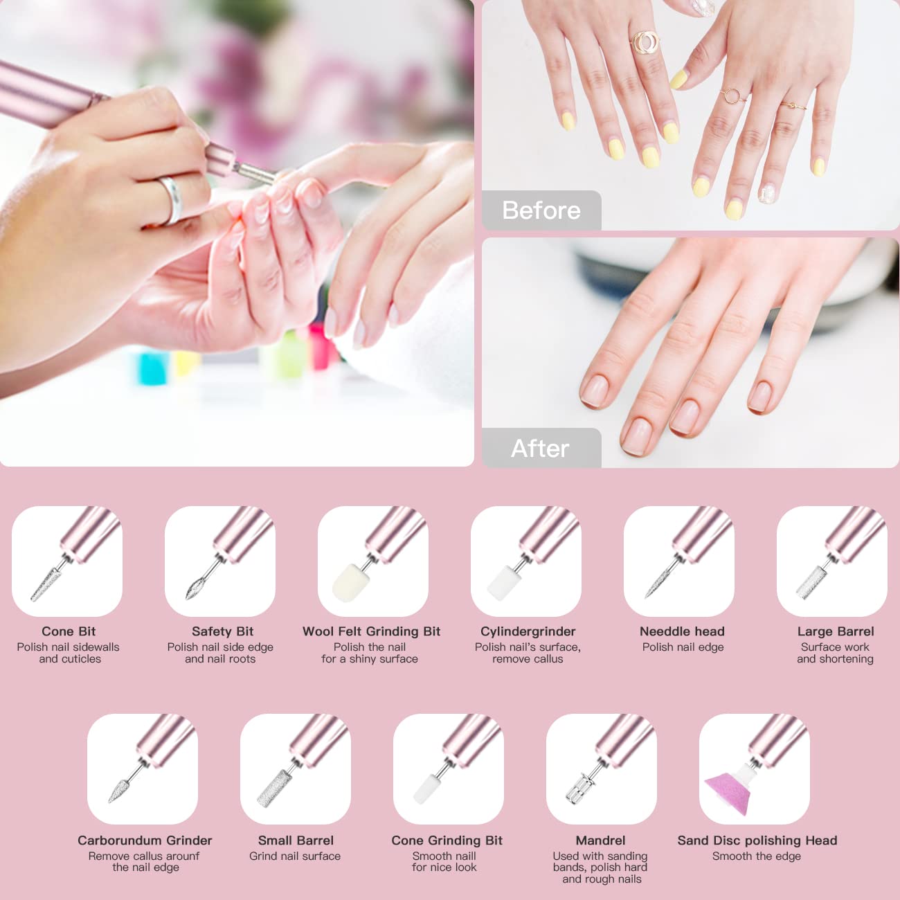 Professional Nail Drill 35000 RPM Rechargeable Electric Nail Drill Machine Portable with 11 Pcs Drill Bits for Acrylic Nails, Gel Nails, Manicure Pedicure Polishing