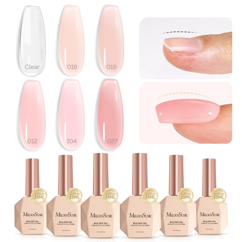 MelodySusie Builder Gel Nail Set for Nails Thickening,6 Colors 15ML Nude Pink Base Colors Clear Rubber Base Gel Polish,Soak Off UV Extension,Rhinestone Nail Glue in a Bottle Gift for Women