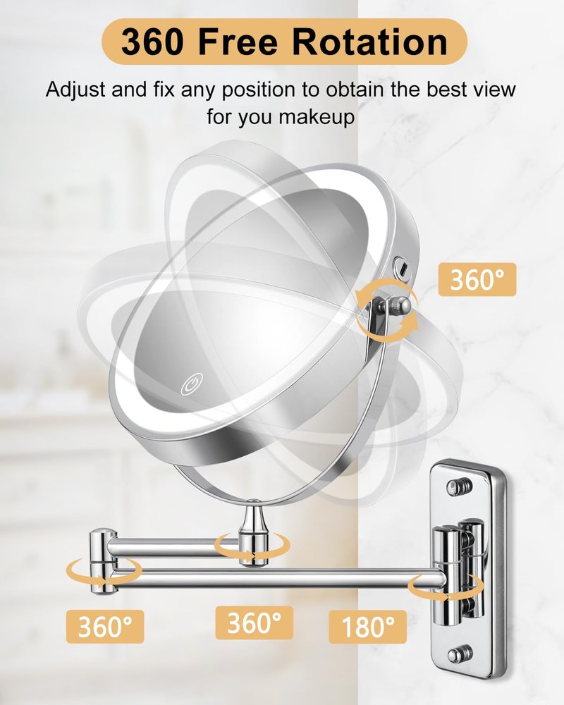 DECLUTTR Wall Mounted Makeup Mirror with Lights, Rechargeable 8 Inch Double Sided Magnifying Mirror 1X/10X, Dimmable Vanity Mirror with 3 Lighting Modes