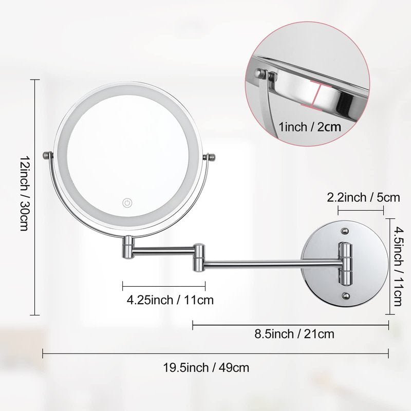 FFowcye 8" LED Wall Mounted Makeup Mirror, 1X/10X Magnifying Vanity Mirror with 3 Color Modes, 2000mAh Rechargeable 360° Swivel Extendable Arm, Polished Chrome for Bathroom Makeup, Shaving, Skincare