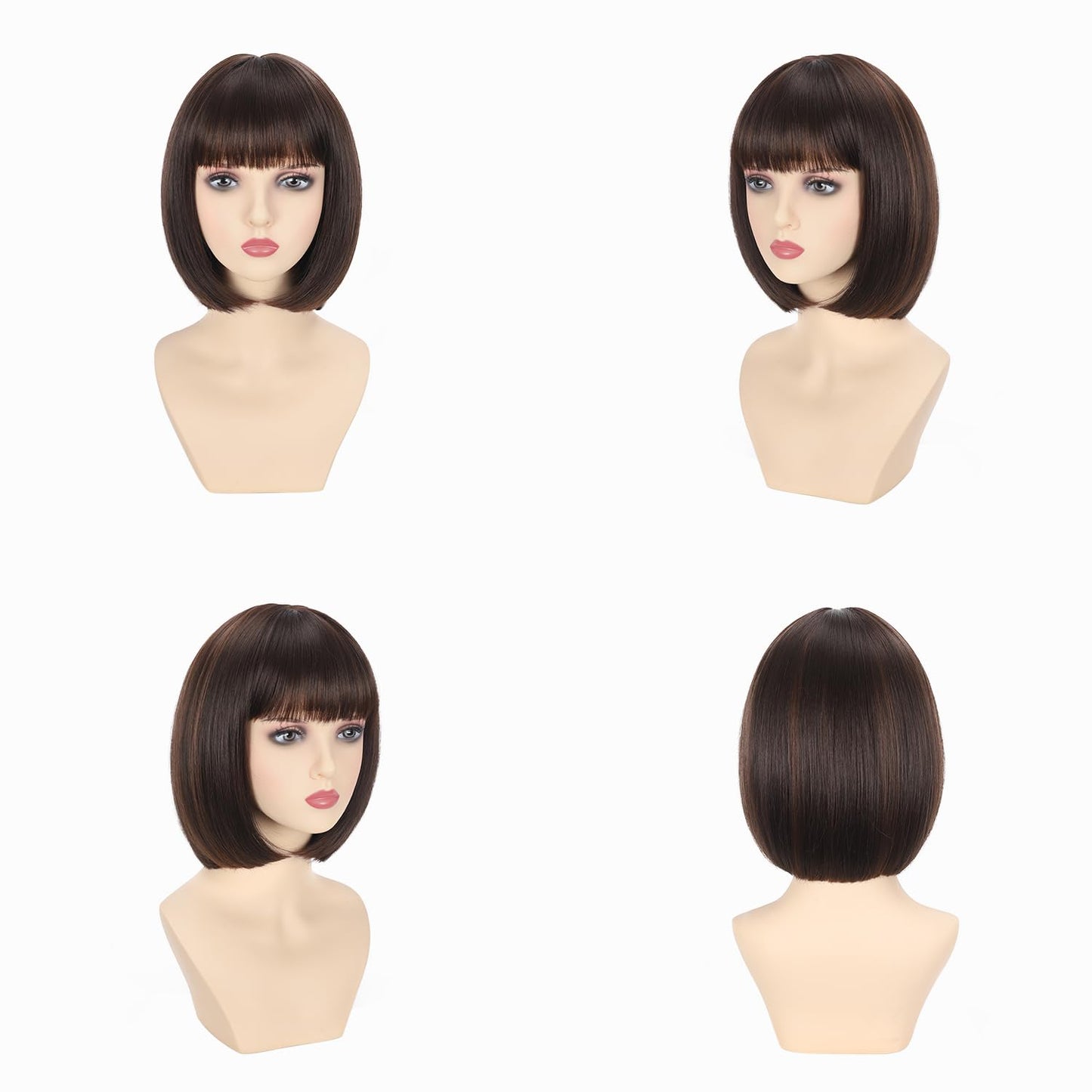 Refined hair Brown Mix Light Brown Bob Wigs With Bangs 12 inch Short Straight Synthetic Shoulder Length Wig For Women Heat Resistant Bob Wig Style for Daily Party Cosplay (4/30, 12 Inch)