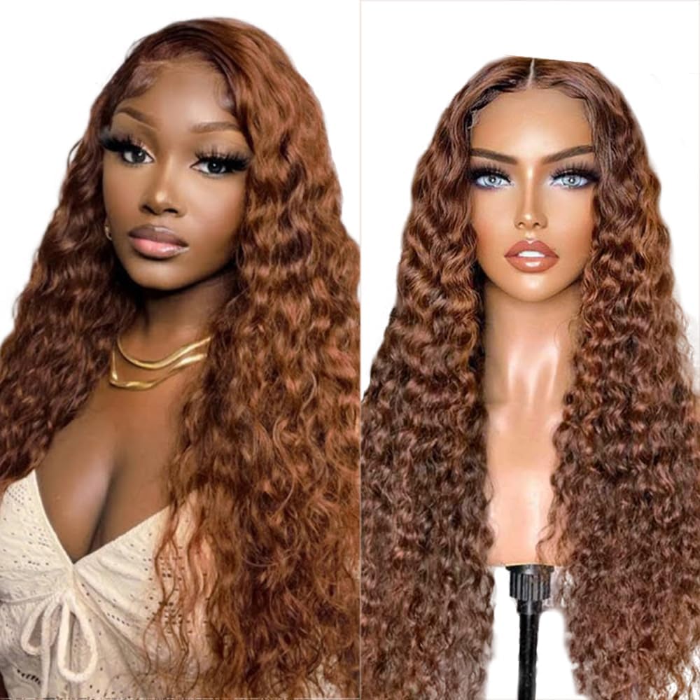 Labamiya Highlight Deep Wave Human Hair Wig 4x1 T Closure Glueless Wigs Human Hair Pre Plucked Pre Cut Lace Closure Glueless Wigs Elastic Band 200% Density P4/30 Honey Blonde Color
