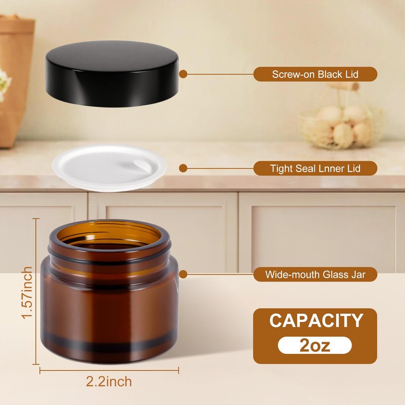 48 Pack 2oz Amber Glass Jars with Lids, Airtight Small Containers with Liners Lid for Cosmetics, Crams, Lotions Powder, Onitments Candle Making, DIY | Leak-Proof, Reusable