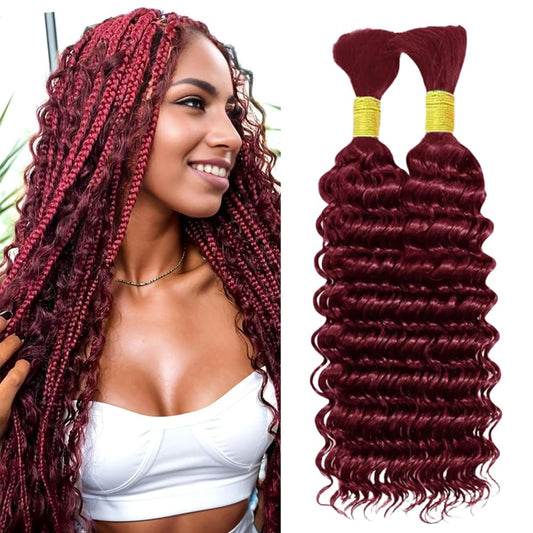 Burgundy Human Braiding Hair 14 Inch Deep Wave Bulk Human Hair for Braiding No Weft 2 Bundles 100g Curly Braiding Hair Brazilian Curly Human Hair Extensions for Boho Braids 99J Red Braiding Hair
