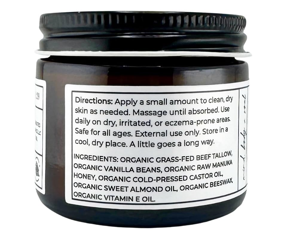 Beef Tallow Balm for Skin - Organic Moisturizer with Vanilla & Manuka Honey | 2 oz All-Purpose Cream