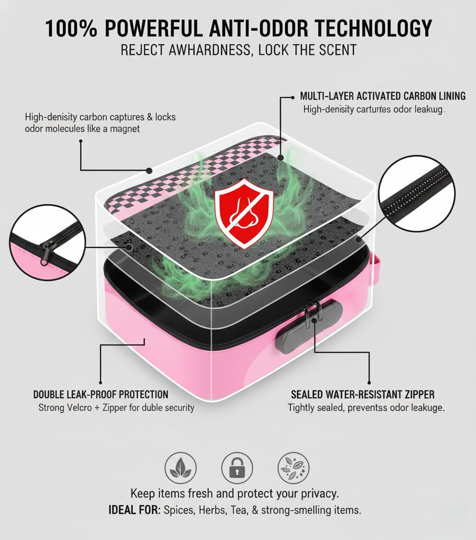 ANZOME Large Smell Proof Bag with Lock, Pink Lockable Storage Case, Activated Charcoal Odor Control, Waterproof Zipper Travel Organizer Pouch, Stash Box Alternative with 7 Accessories for Home & Trips