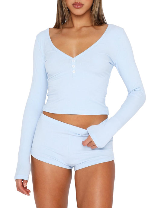REVETRO Women's Fall 2 Piece Shorts Pajama Set Long Sleeve Sleepwear Nightwear Pjs Lounge Set Sleepwear with Button Down Blue L