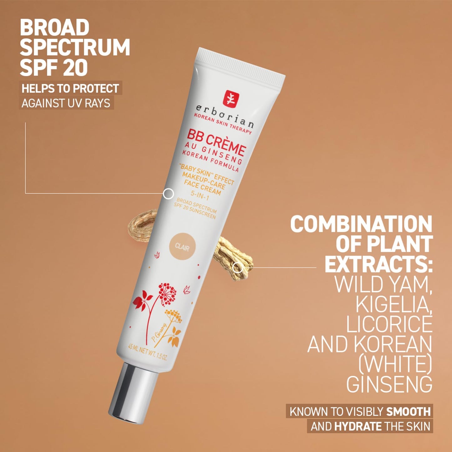 Erborian BB Cream with Ginseng, Fair (Clair) - Lightweight Buildable Coverage with SPF 20 & Ultra-Soft Matte Finish Minimizes Pores & Imperfections - Korean Face Skincare - 1.5 Oz