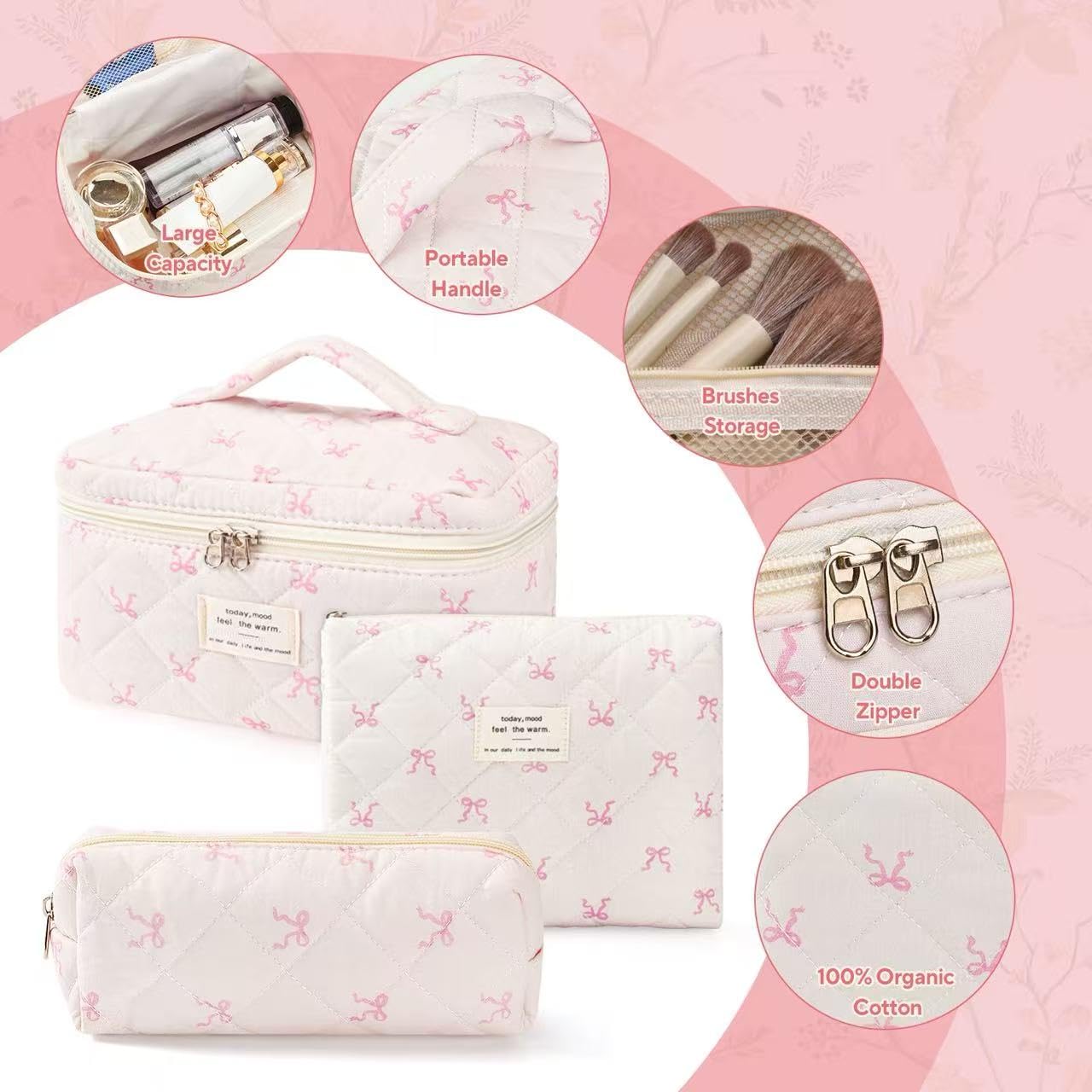 MZLUWM 3Pcs Makeup Bag Cute Cosmetic Bags for Women, Large Capacity Travel Quilted Makeup Bag Set,Cotton Floral Makeup Pouch, Coquette Puffy Toiletry Bag,Attractive Quilted Pouch (Pink bow)