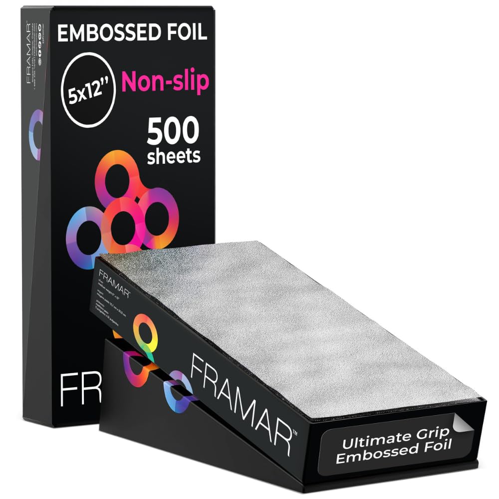 FRAMAR 5x12 Silver Embossed Pre Cut Hair Foils For Highlighting – Hair Foil For Hair Highlighting, Highlight Foils For Hair, Non Slip - 500 Foil Sheets