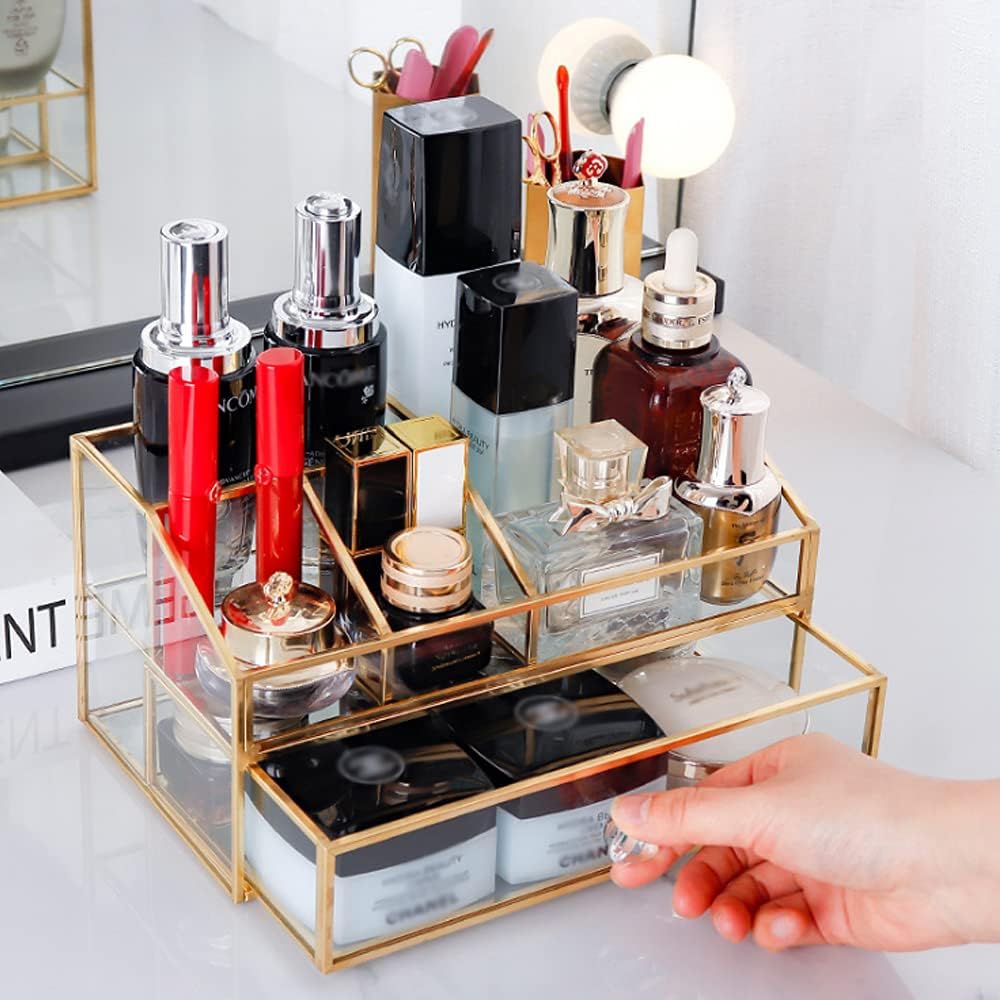 Clear Glass Makeup Brush Holder - L-Lei Cosmetics Storage for Brushes, Nail Polish & Lipstick | Dresser Decor