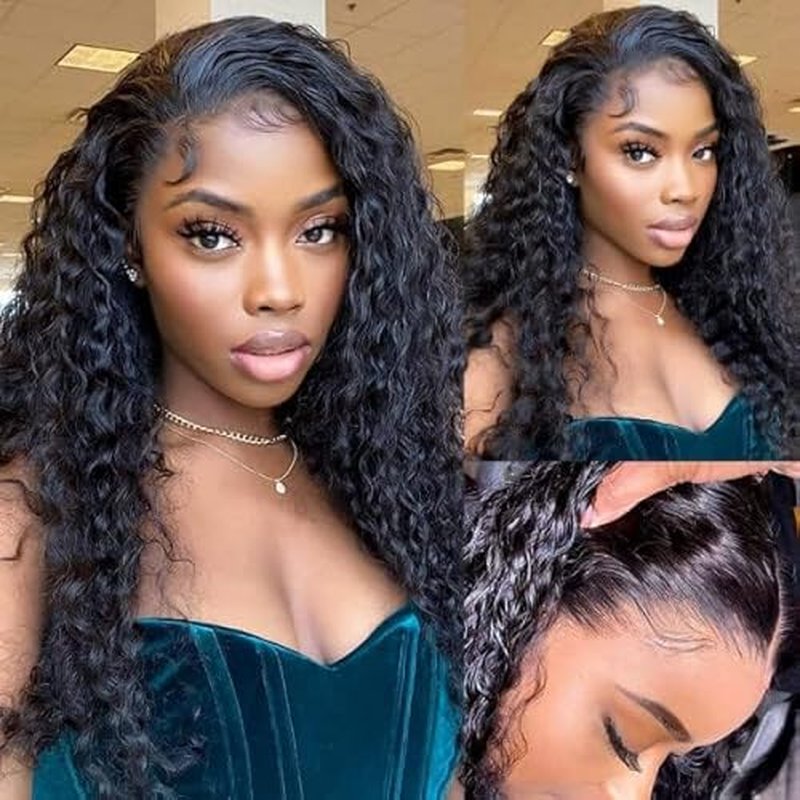13x4 Human Hair Lace Front Wigs for Black Women 180% Density Brazilian Deep Wave HD Transparent Lace Front Wig with Baby Hair Pre Plucked Bleached Knots(18inch,Natural Black)