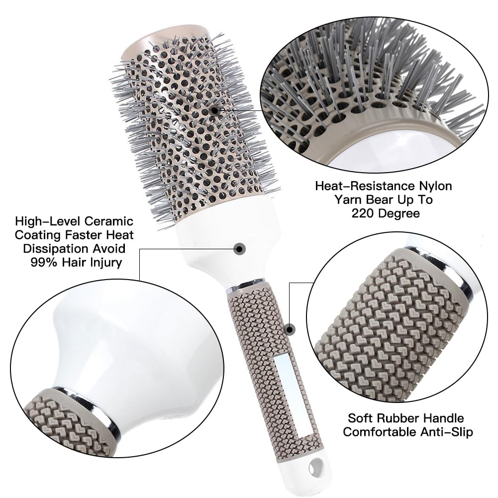 Round Brush Set for Blow Drying, with Boar Bristle Vented Curved Detangling Hair Brush, Thermal Ceramic & Ionic Tech Reduce Frizz Hair, Makes Hair More Smooth and Shiny for Curling & Straightening