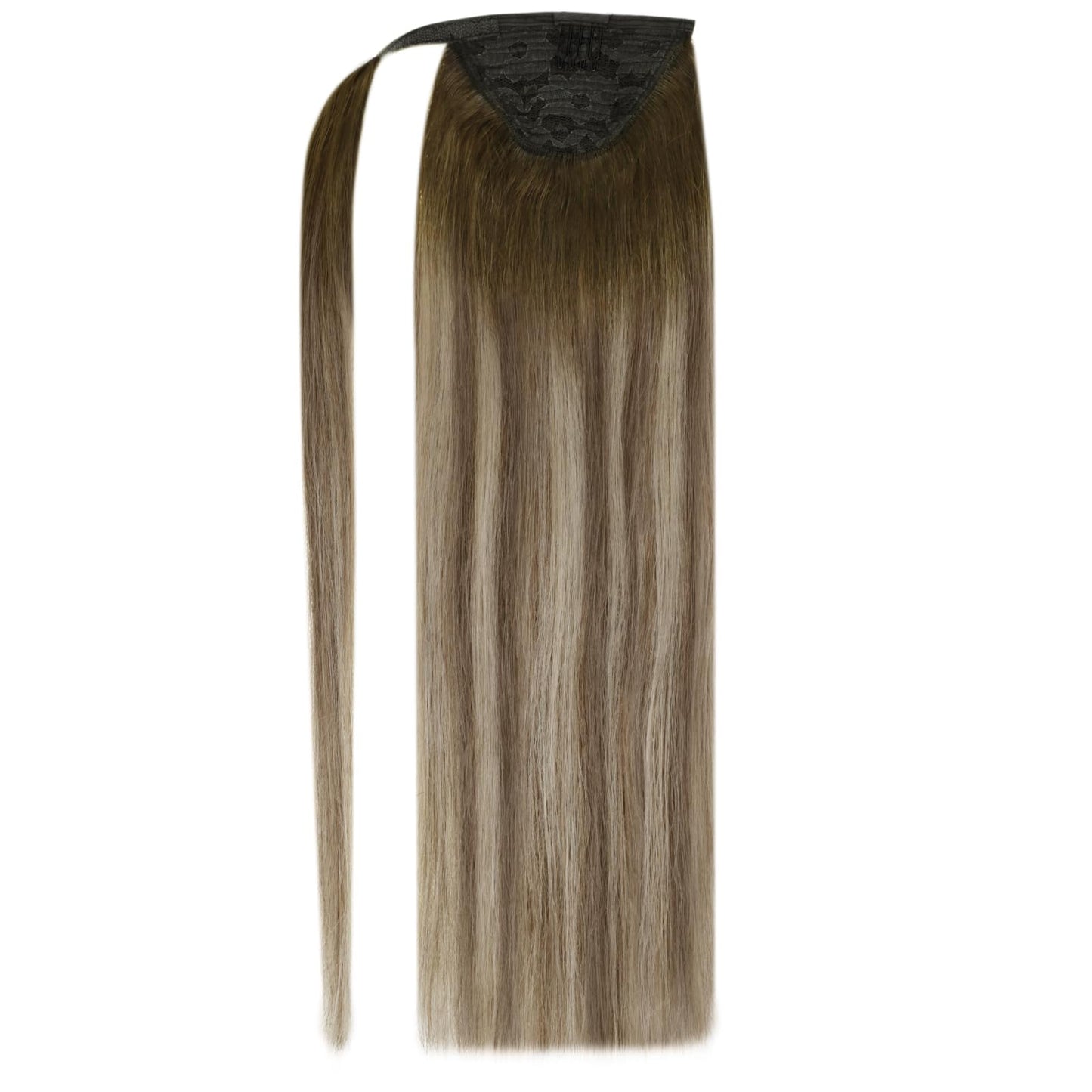 Easyouth Ponytail Extension Human Hair 12 Inch 70G Ombre Brown Human Hair Ponytail Extension for Women Short Lengths Balayage Dark Brown to Light Brown with Blonde Add Volume