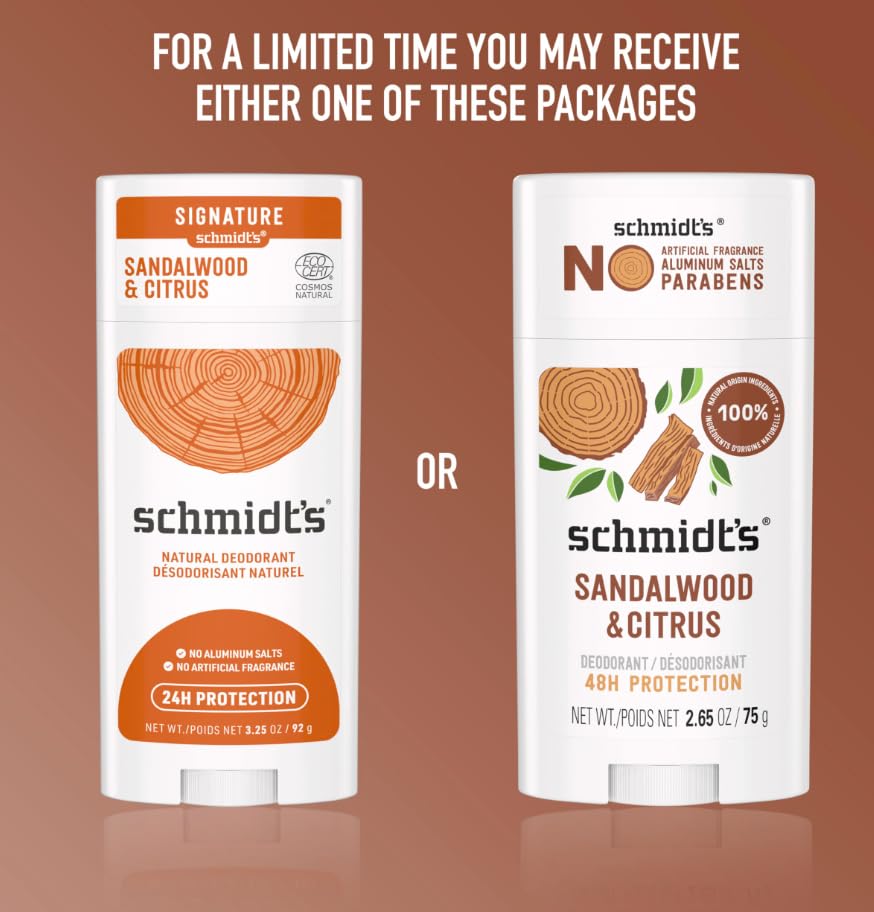 Schmidt's Vegan Deodorant - Aluminum-Free Sandalwood & Citrus | 24-Hour Odor Protection, 2.65 oz