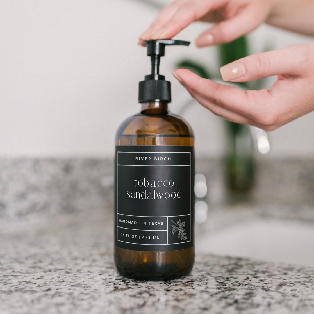 River Birch Tobacco Sandalwood Scented Natural Hand Soap - Handmade Soap - Moisturizing Hand Wash with Amber Glass Dispenser - Luxury Scented Hydrating Hand Soap - Vegan and Non-Toxic - 16 Fl Oz
